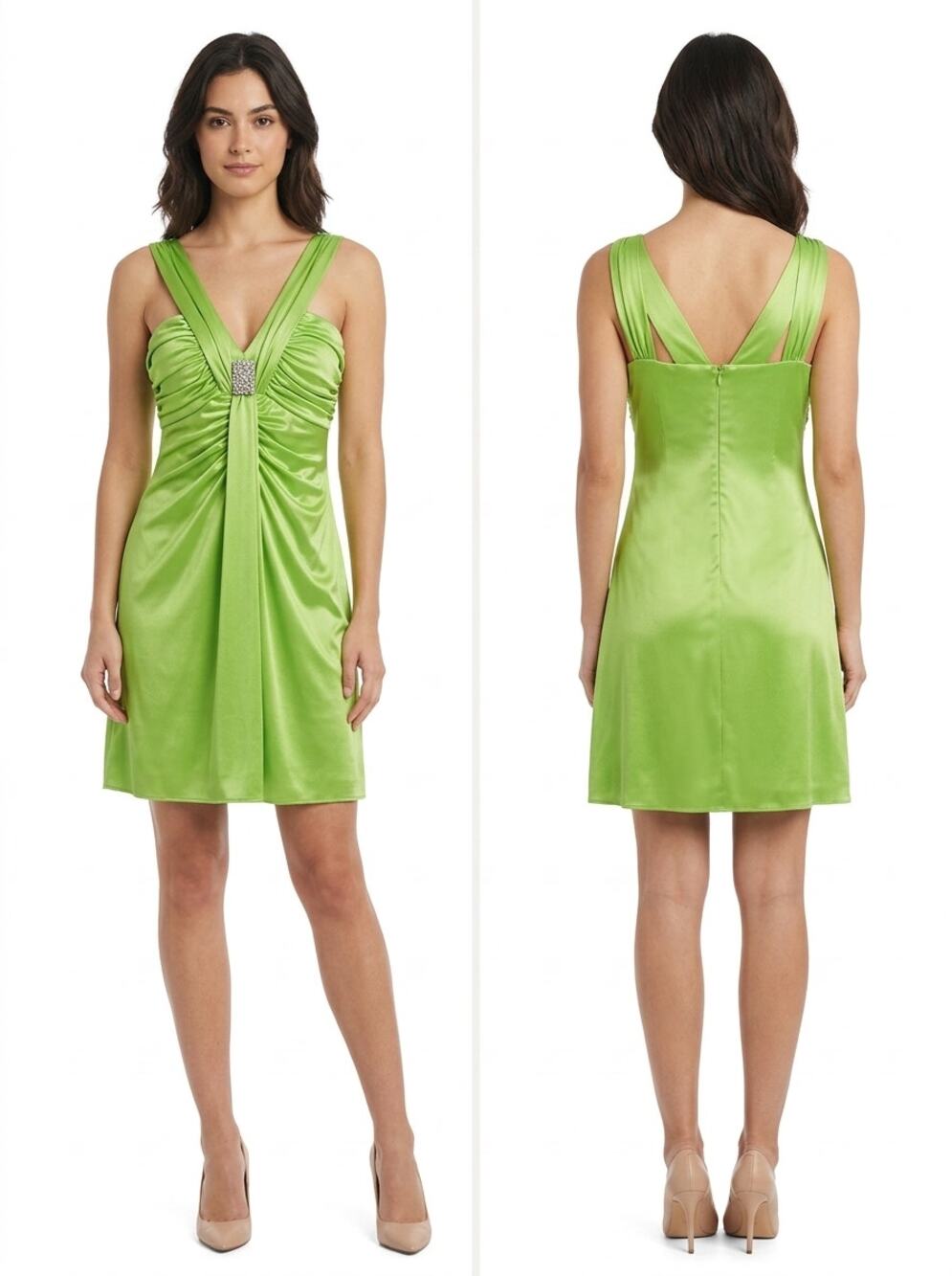 Josh & Jazz Lime Green Satin Ruched Rhinestone V-Neck Dress Women Size 7/8
